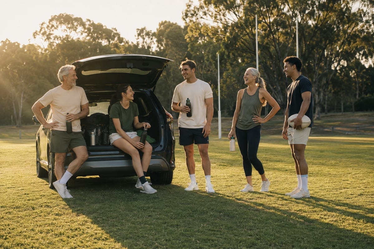 Five teammates gather around an open car boot beside a sunlit sports oval.