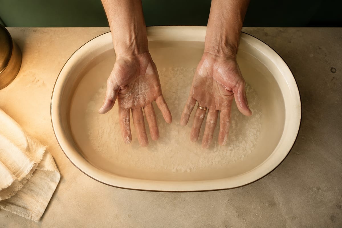 Two hands rest in an ivory basin filled with water and pale flakes.