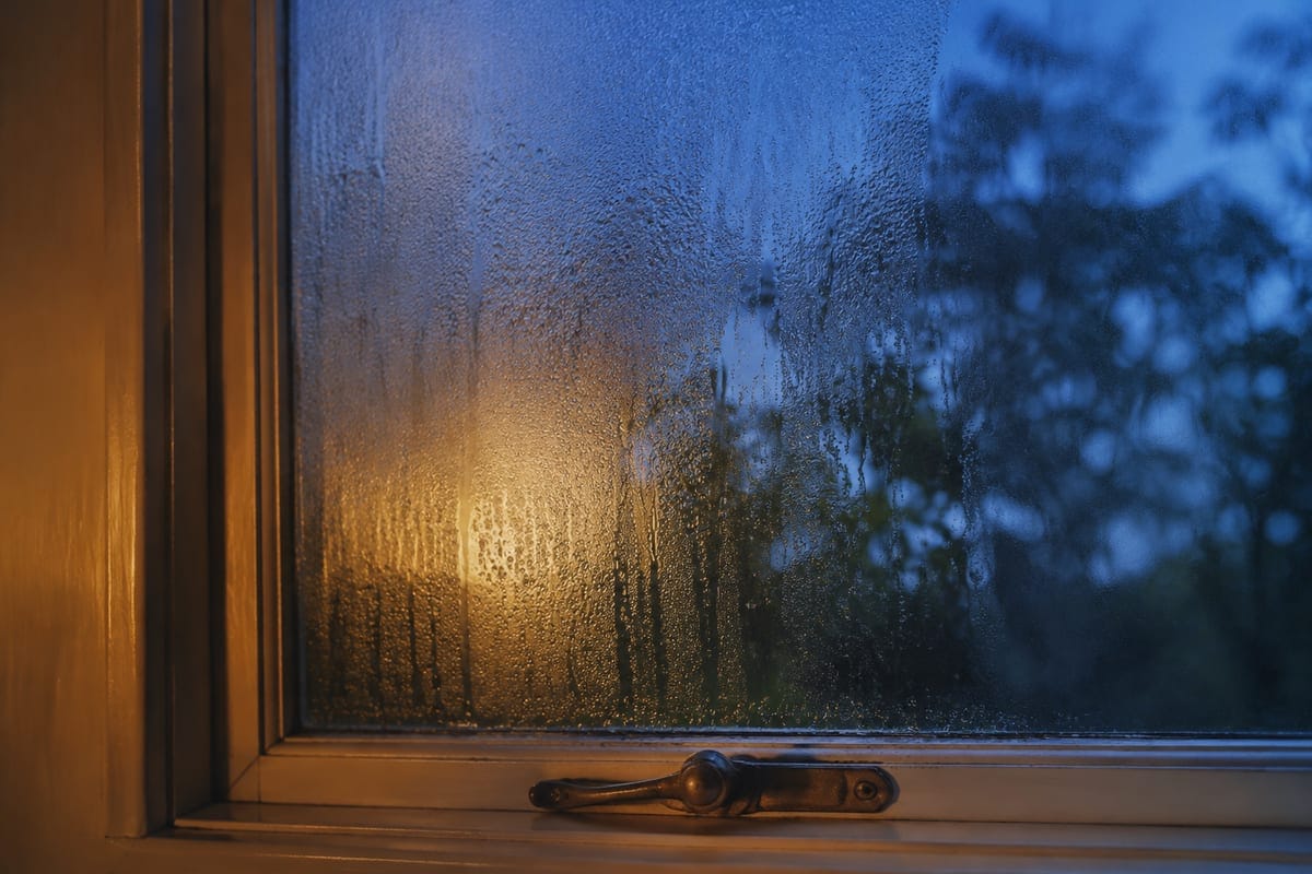 Warm light shines through droplets on a bathroom window at dusk.