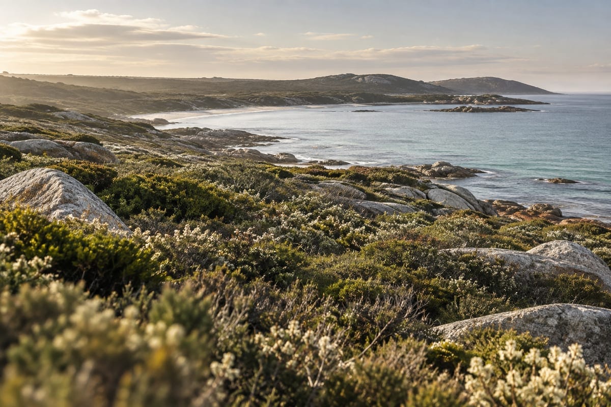 An eastern Tasmanian coastal landscape with heathland, granite and a sheltered bay