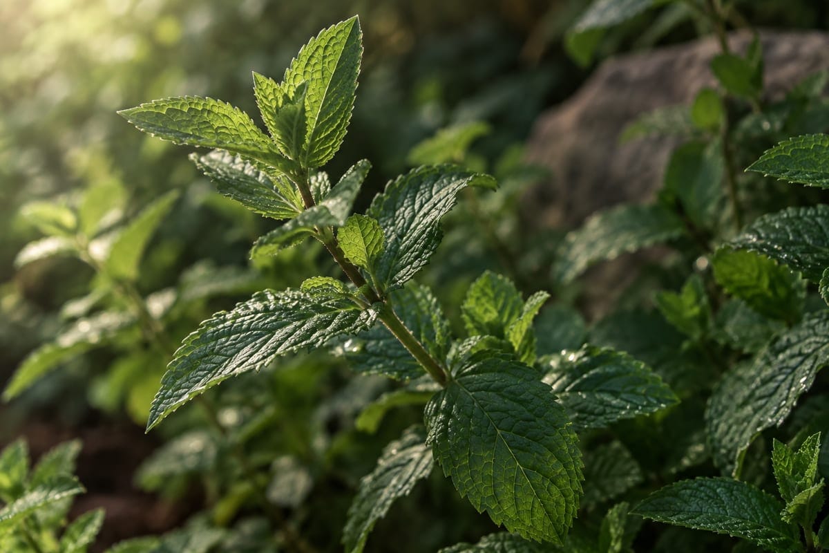 Fresh peppermint leaves catch soft natural light in a shaded garden